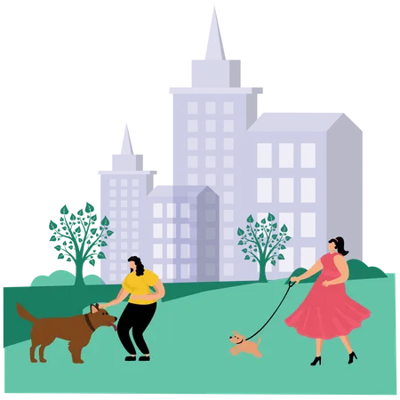 Woman walking with dog in the park  Illustration
