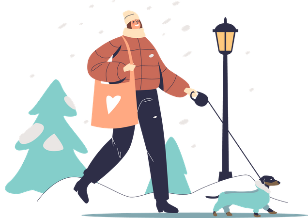Woman walking with dog in warm coat in winter park Illustration