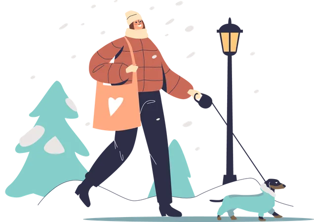 Woman walking with dog in warm coat in winter park  Illustration