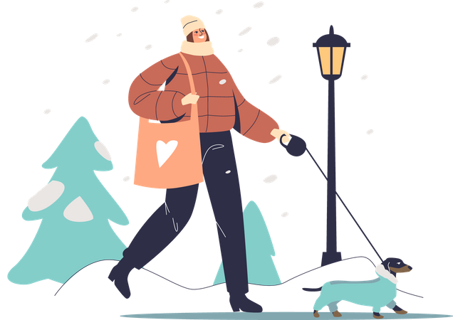 Woman walking with dog in warm coat in winter park  Illustration