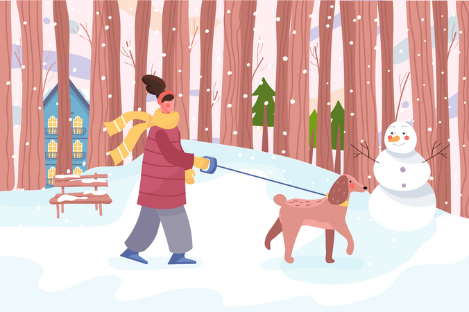 Woman walking with dog on leash Illustration