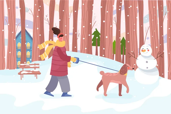 Woman walking with dog on leash  Illustration