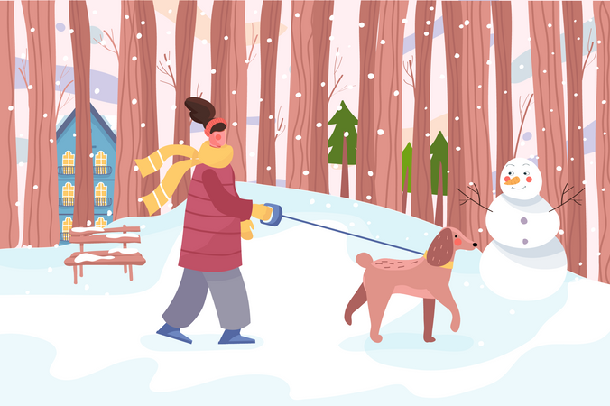 Woman walking with dog on leash  Illustration