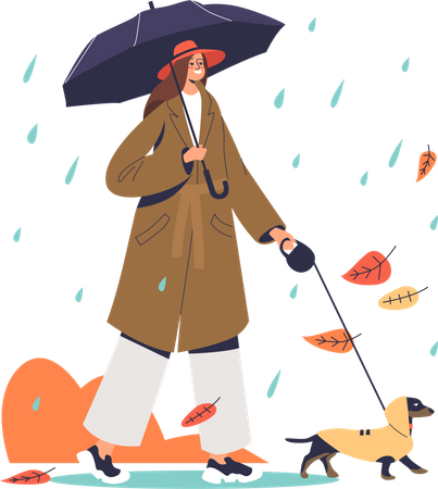 Woman walking with dog while raining  Illustration