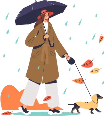 Woman walking with dog while raining  Illustration