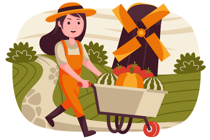 Woman walking with fruit trolley  Illustration
