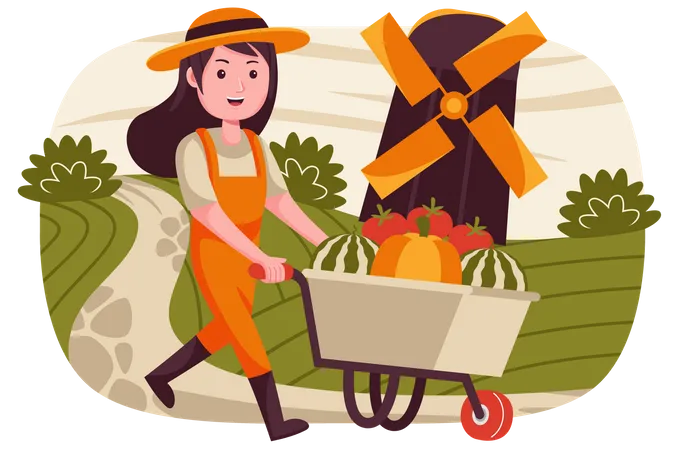 Woman walking with fruit trolley  Illustration