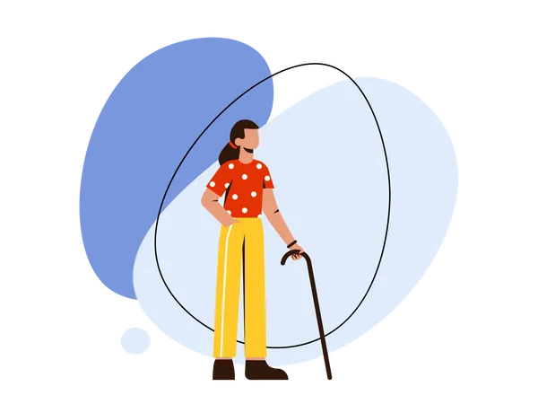 Woman walking with help of stick  Illustration