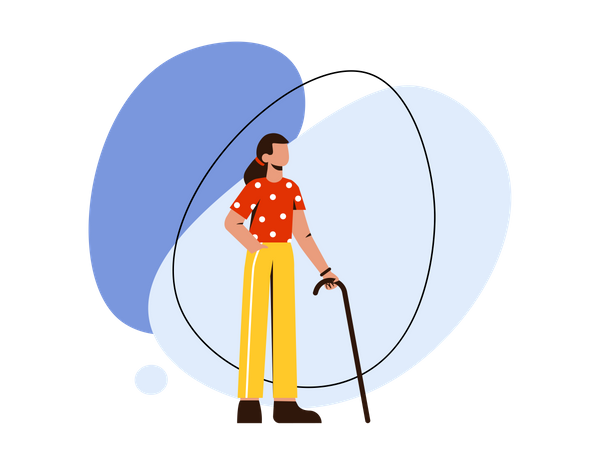 Woman walking with help of stick  Illustration