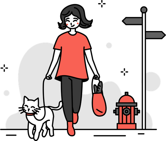 Woman Walking With Her Cat  Illustration
