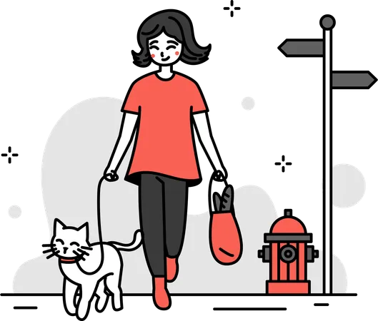 These Charming Flat Illustrations Exude A Sense Of Joy Love And The Unique Bond Between Pet Owners And Their Beloved Animal Companions Its An Illustration Woman Walking With Her Pet Cat With The Visuals That Come From Being A Pet Lover We Represent Healthy Living In A Very Fun Way Illustration