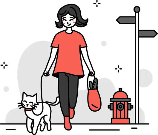 Woman Walking With Her Cat  Illustration