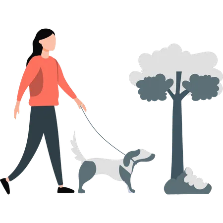 The Girl Is Walking With Her Dog Illustration