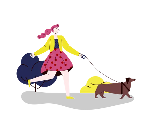 Woman walking with her dog  Illustration