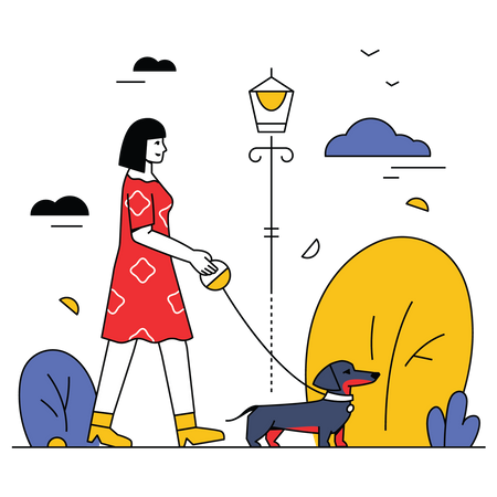 Woman walking with her dog  Illustration