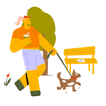 Woman walking with her dog  Illustration