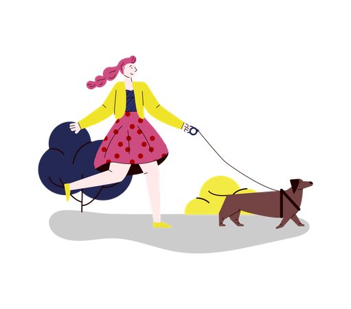 Woman walking with her dog  Illustration