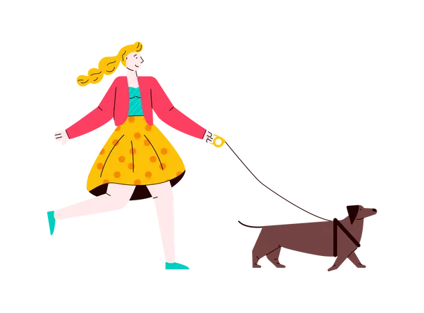 Woman walking with her dog  Illustration