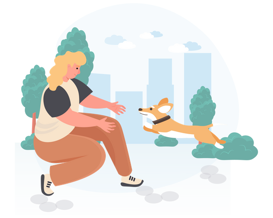 Woman walking with her dog in garden Illustration