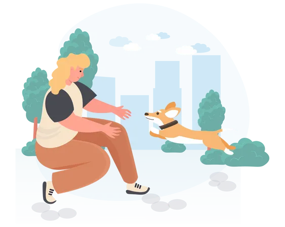 Woman walking with her dog in garden  Illustration