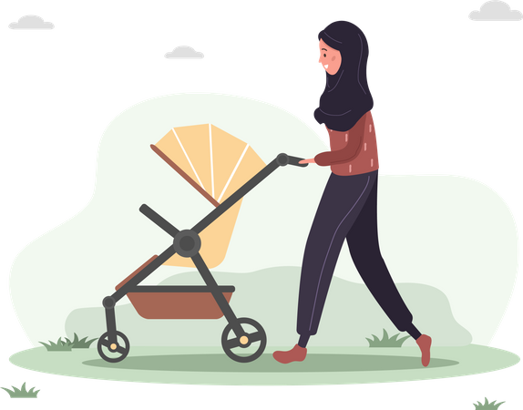 Woman walking with her newborn child in an pram  Illustration