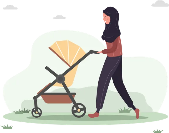 Woman walking with her newborn child in an pram  Illustration