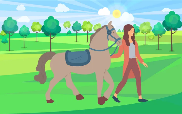 Woman Walking With Horse Illustration
