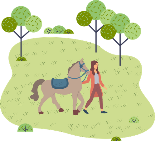 Woman walking with horse in park  イラスト