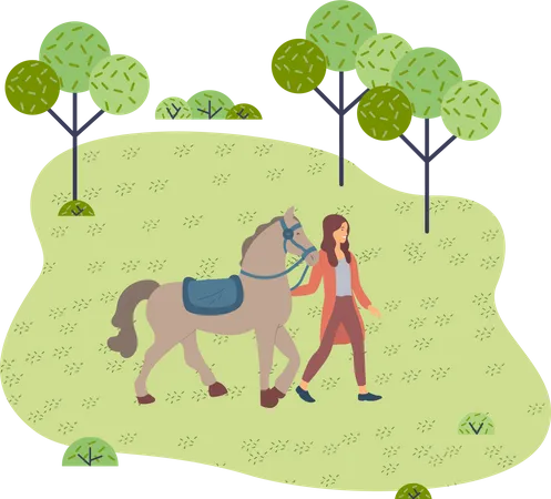 Woman Walking With Horse In Park Summertime Smiling Female Rider Going With Stallion Outdoor Woman And Farm Animal On Ranch Girl Walking With Horse With Saddle And Rein Engaging Horseback Riding Illustration