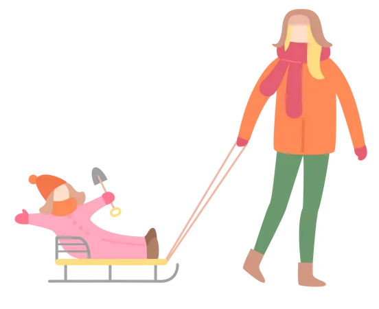 Woman Walking with Little Girl on Sleigh Illustration