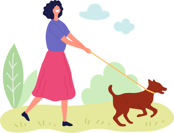 Woman Walking With Pet  Illustration