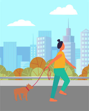 Woman walking with pet dog Illustration