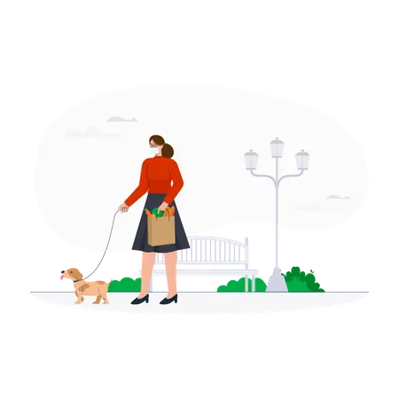 Woman walking with pet dog during pandemic  Illustration