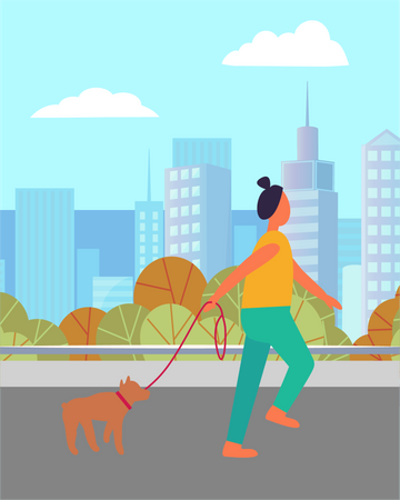 Woman walking with pet dog  Illustration