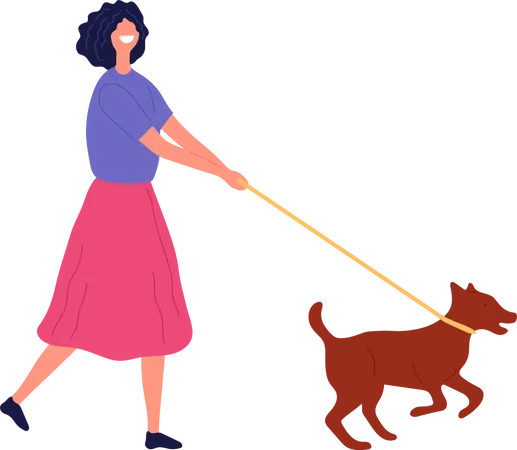 Woman Walking With Pet  Illustration