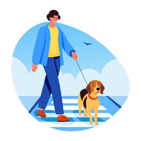 Woman walking with pet in park  Illustration