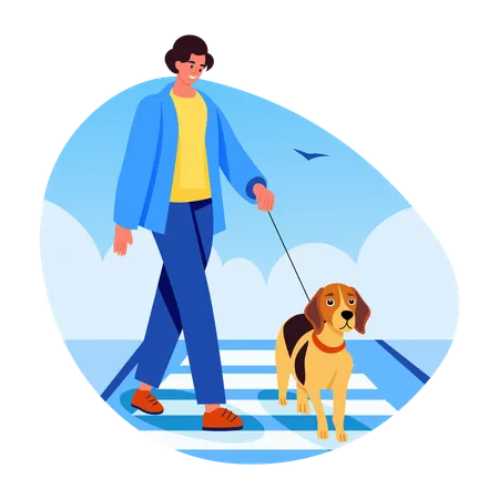 Woman walking with pet in park  Illustration