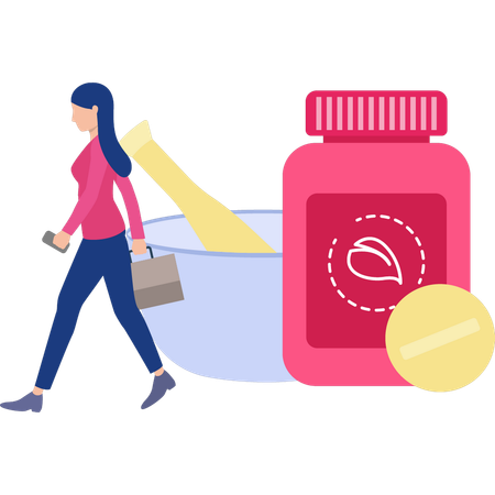 Woman walking with pills bottle  Illustration