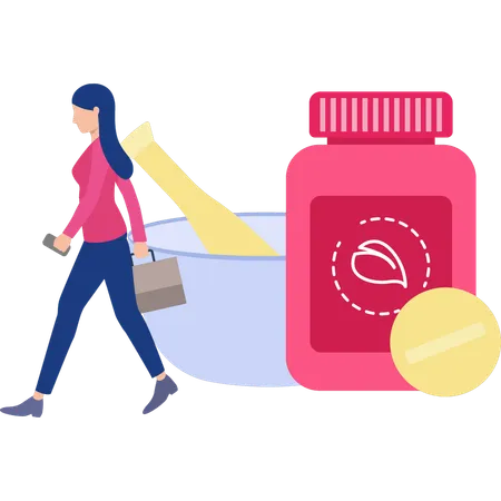 Woman walking with pills bottle  イラスト