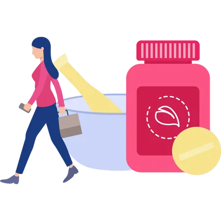 Woman walking with pills bottle  Illustration