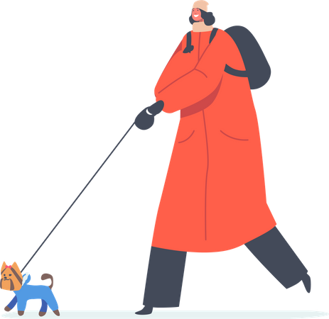 Woman Walking with Playful Dog at Cold Weather Illustration