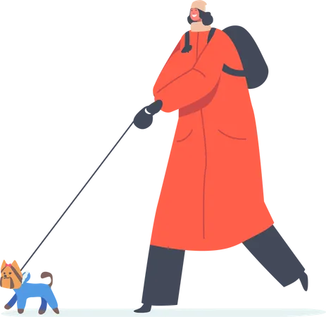 Woman Walking with Playful Dog at Cold Weather Illustration