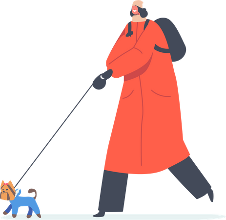 Woman Walking with Playful Dog at Cold Weather  Illustration