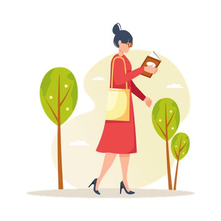 Woman walking with read book Illustration