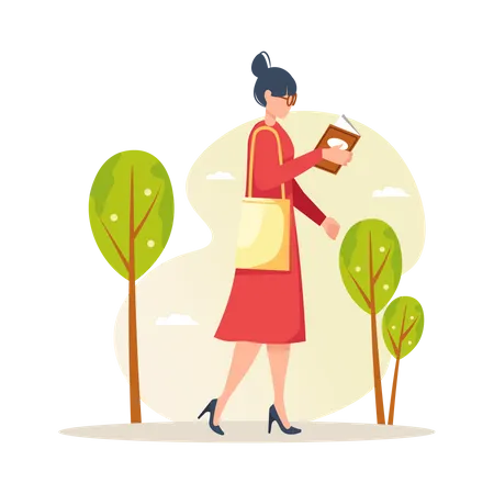 Woman walking with read book Illustration