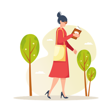 Woman walking with read book  Illustration