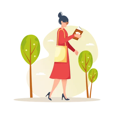 Woman walking with read book  Illustration