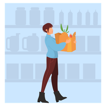 Woman walking with shopping bag in supermarket Illustration