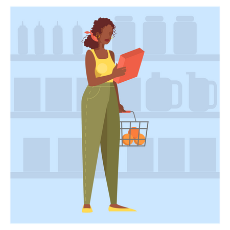 Woman walking with shopping basket in supermarket Illustration