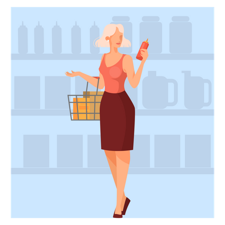 Woman walking with shopping basket in supermarket Illustration